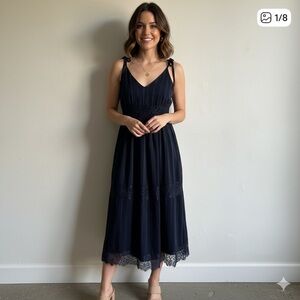 Lulu’s Sz M Navy Blue Lace Details Feminine Over The Knee Dress